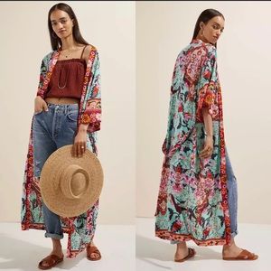 Women’s Anthropologie Riley teal floral tie front kimono One Size OS